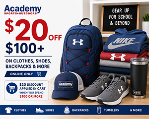$20 Off $100+ at Academy Sports + Outdoors on Clothes, Shoes, Backpacks & More
