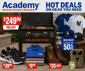 Academy Sports Deals: $249.99 Blackstone Griddle, $39.99 Reebok Shoes, MLB Gear BOGO 50% Off & More