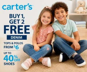 Buy 1, Get 2 Free Denim, Kids’ Basics From $6 + Up to 40% Off Shoes at Carter’s & More