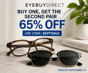 Buy One, Get the Second Pair 65% Off at EyeBuyDirect With Code SEPTSALE