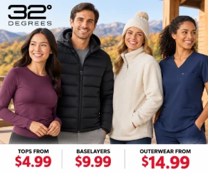 Ends Sunday: 32 Degrees Tops From $4.99, Baselayers $9.99, Outerwear From $14.99 & More