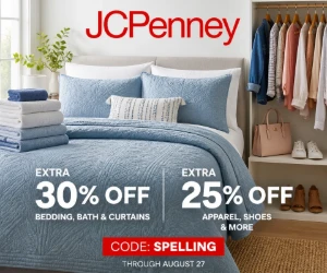 Extra 30% Off Bedding, Bath & Curtains at JCPenney + 25% Off Apparel, Shoes & More
