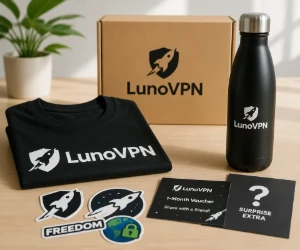 Free LunoVPN T-Shirt or Insulated Water Bottle + Extras