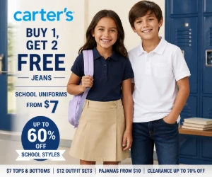 Stretch the Kids’ Closet at Carter’s: Buy 1, Get 2 Free Jeans, $7 Uniforms + Up to 60% Off & More