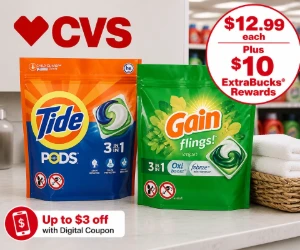 Tide Pods & Gain Flings for $12.99 at CVS + $10 ExtraBucks Rewards