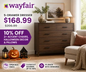 Wayfair Deals: $168.99 5-Drawer Dresser, 10% Off 2+ Accent Chairs & Halloween Decor, Open Box & More