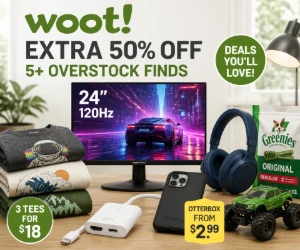 Woot Deals: Extra 50% Off 5+ Overstock Finds, $69.99 Gaming Monitor, 3 Tees for $18 & More