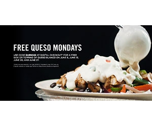 Free Small Side or Entrée Topping of Queso Blanco at Chipotle (each Monday in June 2022)