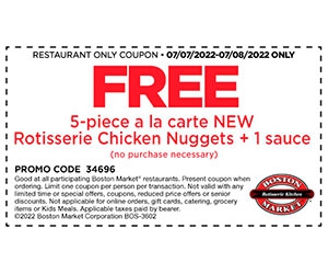 Free Rotisserie Chicken Nuggets + Sauce At Boston Market