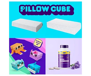 Free Pillow Cube Side Cube Deluxe Or Ice Cube Deluxe, x1 Kid Cube Pillow, x8 Bottles Sleep Cubezzz Sleep Supplements, And 4 Pillow Cube Tee Shirts