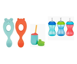 Free Nuby Silicone Spoons, No Spill Flex Straw & 3 Stage Cup